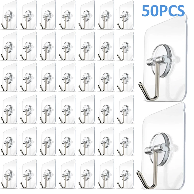 

50/5pcs Transparent Self Adhesive Hooks Kitchen Bathroom Organizer Holder Door Wall Mounted Hanger Hook Suction Heavy Load Rack
