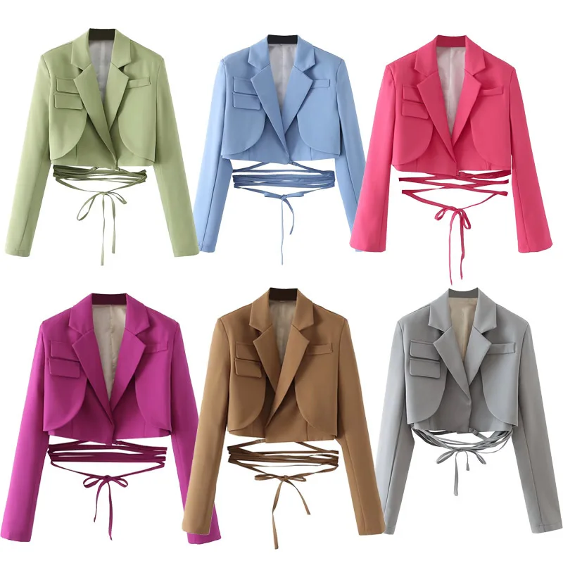 

Women's fashion solid color waist tied rope short Blazer women