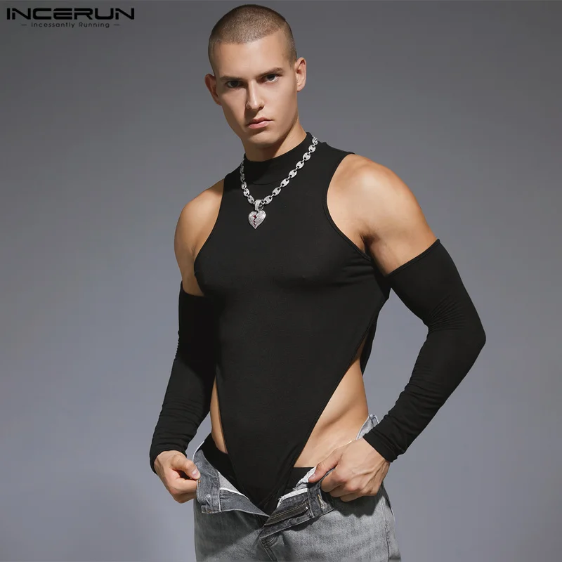

INCERUN Men Bodysuits Solid Color Turtleneck Long Sleeve Hollow Out Sexy Male Rompers Streetwear 2023 Fitness Fashion Bodysuit