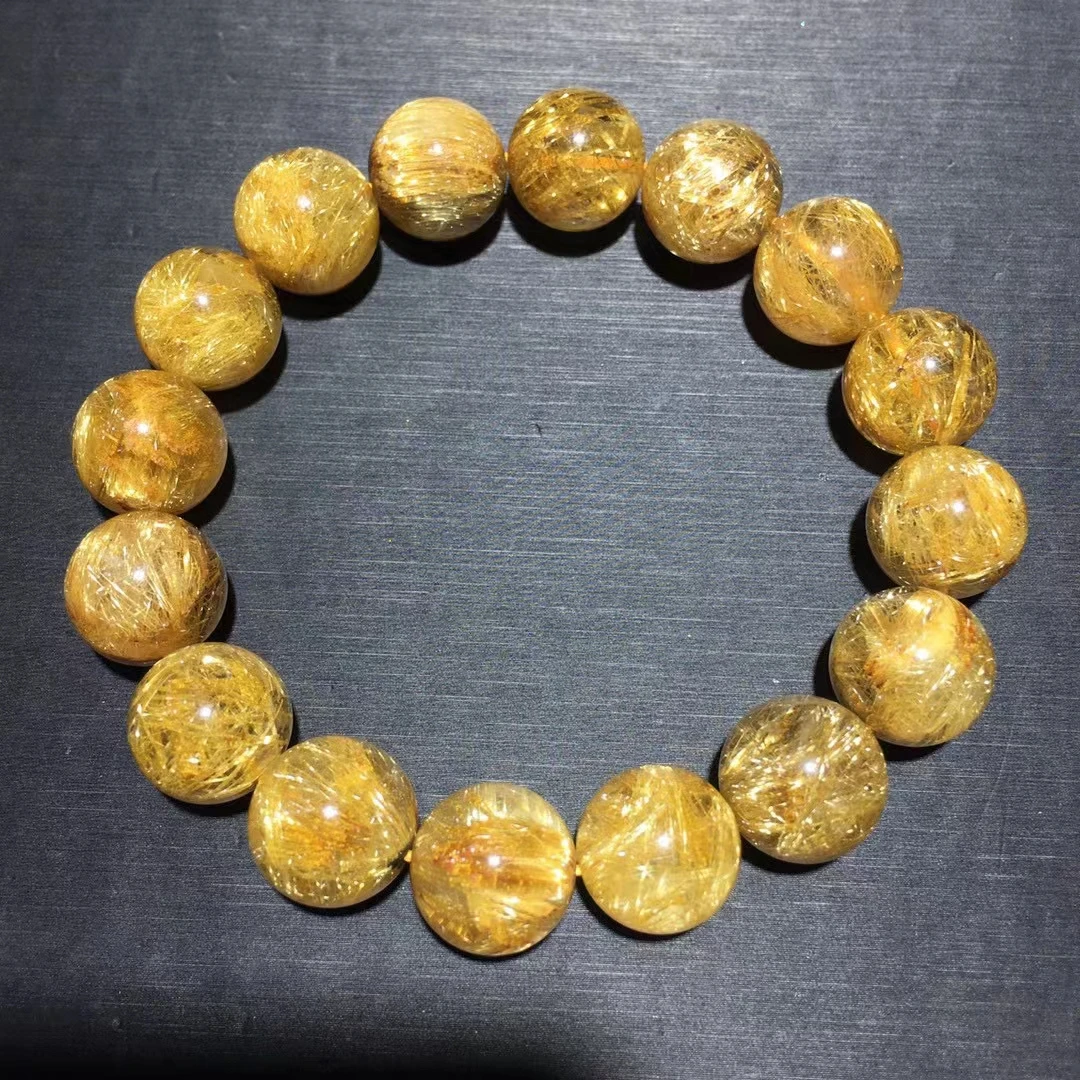 Natural Gold Rutilated Titanium Quartz Bracelet Brazil 13.6mm Woman Man