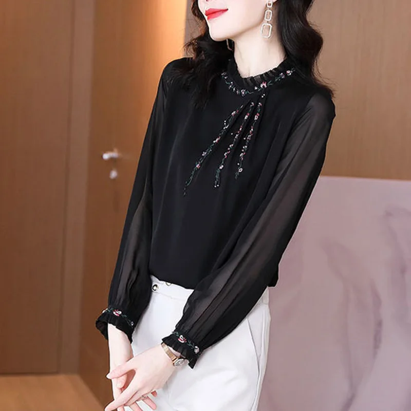 Elegant Solid Color Loose Ruffles Embroidery Blouse 2022 Autumn New Casual Tops Oversized All-match Commute Women's Shirt