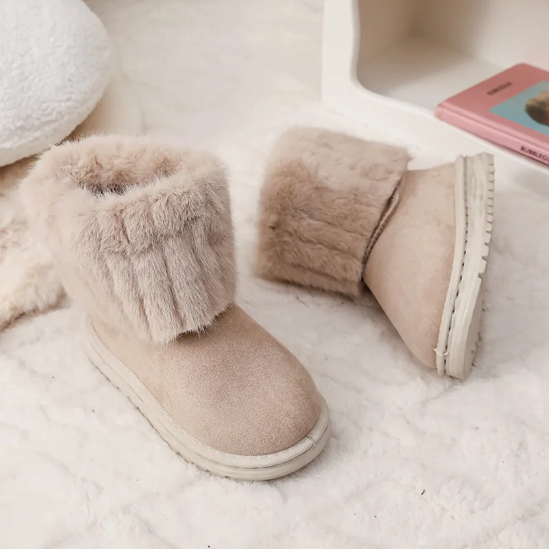 Outdoor Girls Winter Thermal Boots Classic Beige Soft Kids Fashion Ankle Snow Boots Warm Furry Causal Children's Cotton Boots