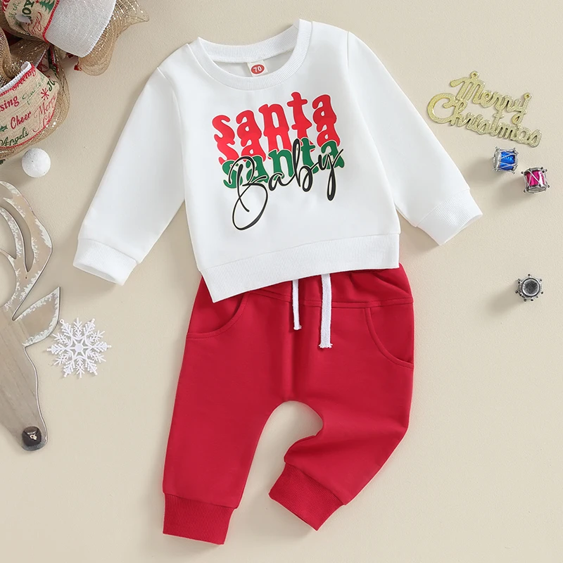 

KMBANGI Toddler Infant Boys Christmas Outfit Letters Sweatshirt Pullover Drawstring Pants Xmas 2PCs Set Fall Winter Clothes