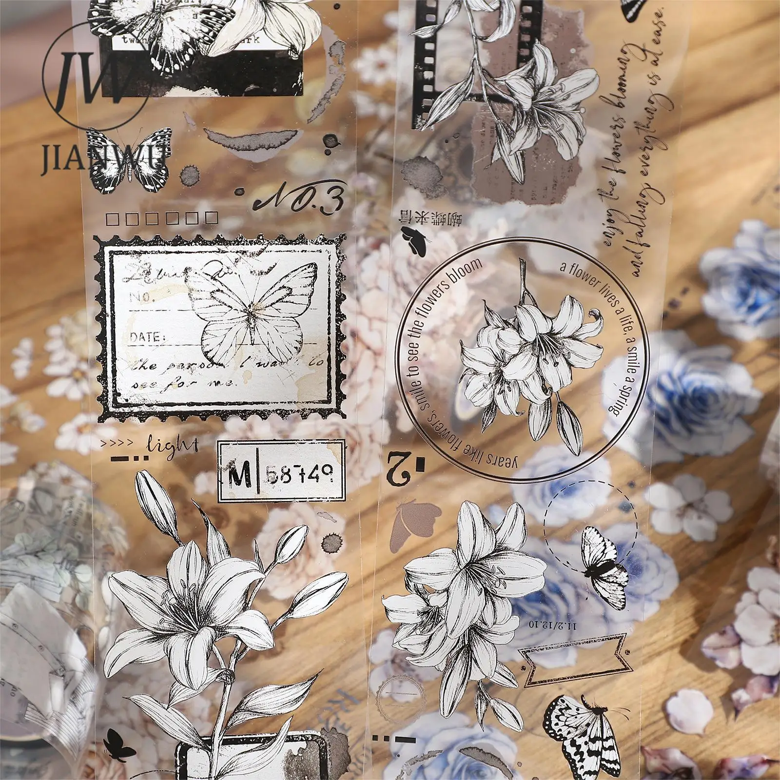 JIANWU 빈티지 식물 꽃 캐릭터 조경 콜라주 재료 장식 pet 테이프, 창의적인 DIY 저널 문구, 600cm/롤