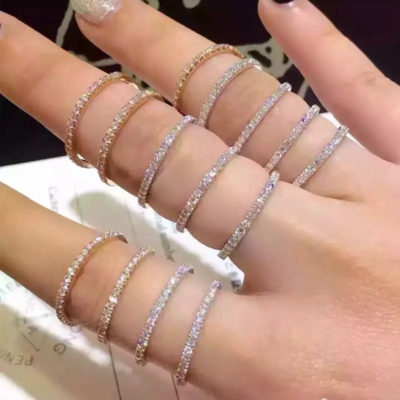 

Hot Sale Genuine 18K White Gold Pave Simulated Diamond Band Ring Fine Wedding Jewelry Simple Round Thin Rings for Women Gift