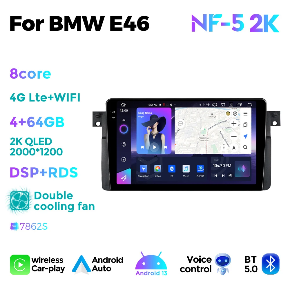 thumbnail image 1 of Radio estéreo para coche de 2 din, 4G, Full Netcom, reproductor multimedia con pantalla táctil 2K, Android AUTO para BMW E46 M3 318/320/325/330/335, 1 of 5
