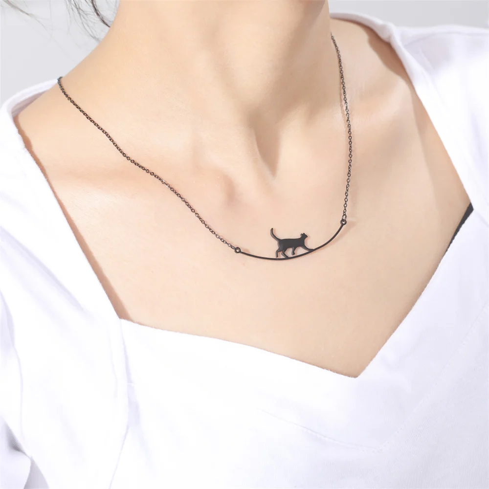 Cazador Nette Walking Katze Anhänger Kette Halsketten Edelstahl Schmuck Einfache Katze Gebogene Choker Halsketten Frauen Party Hochzeit – Detail 13