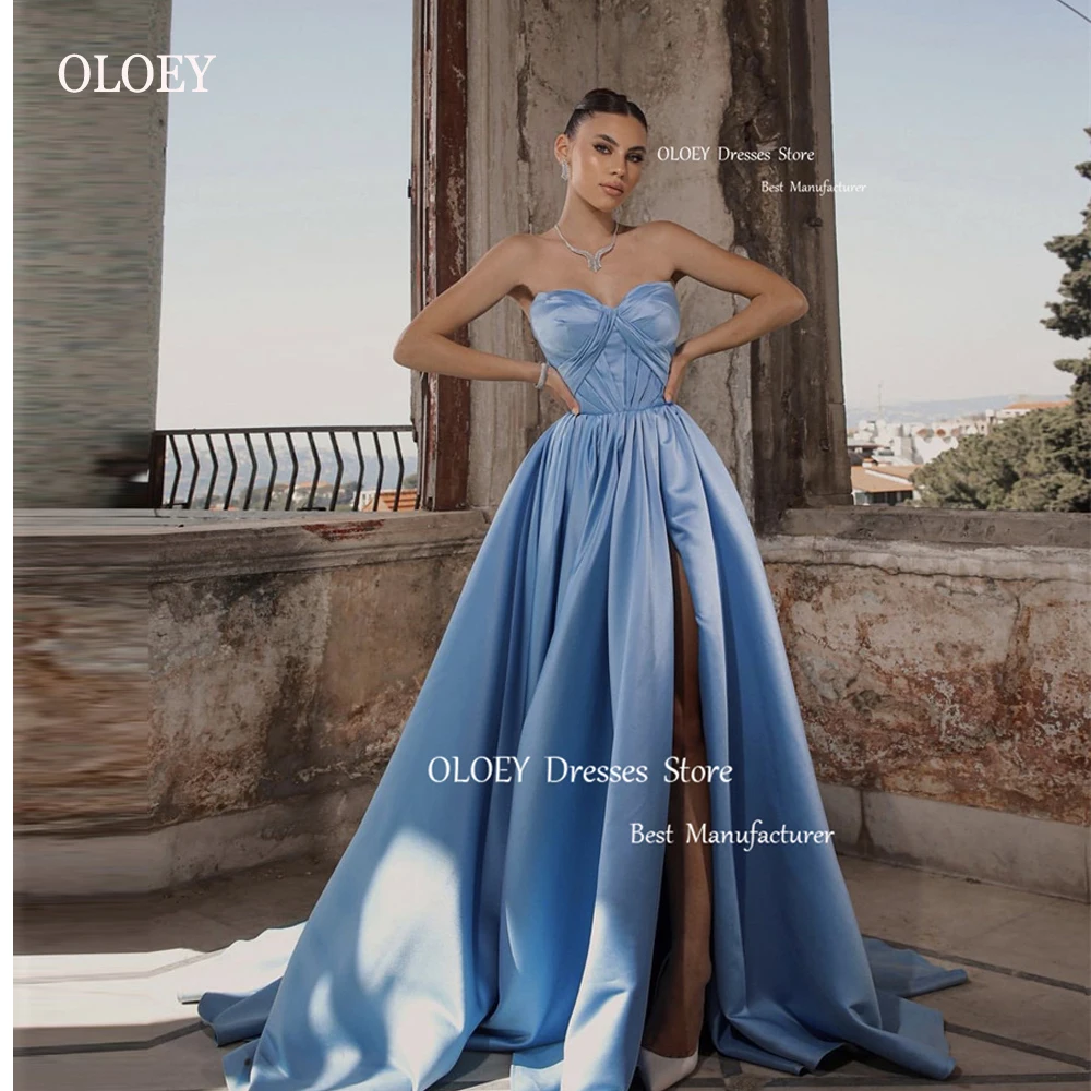 

OLOEY Sexy Sweetheart Dusty Blue Long Prom Dresses Split Pleats Satin Modern Dubai Arabic Women Evening Gowns Formal Party Dress