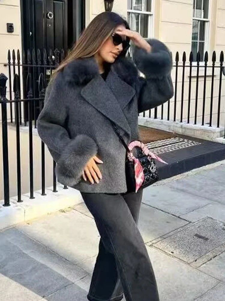 Winter Warm Fur Spliced Woolen Coat Women Loose Lapel Long Sleeve Solid Female Jacket 2025 Autumn New Lady Elegant Outerwear ﻿