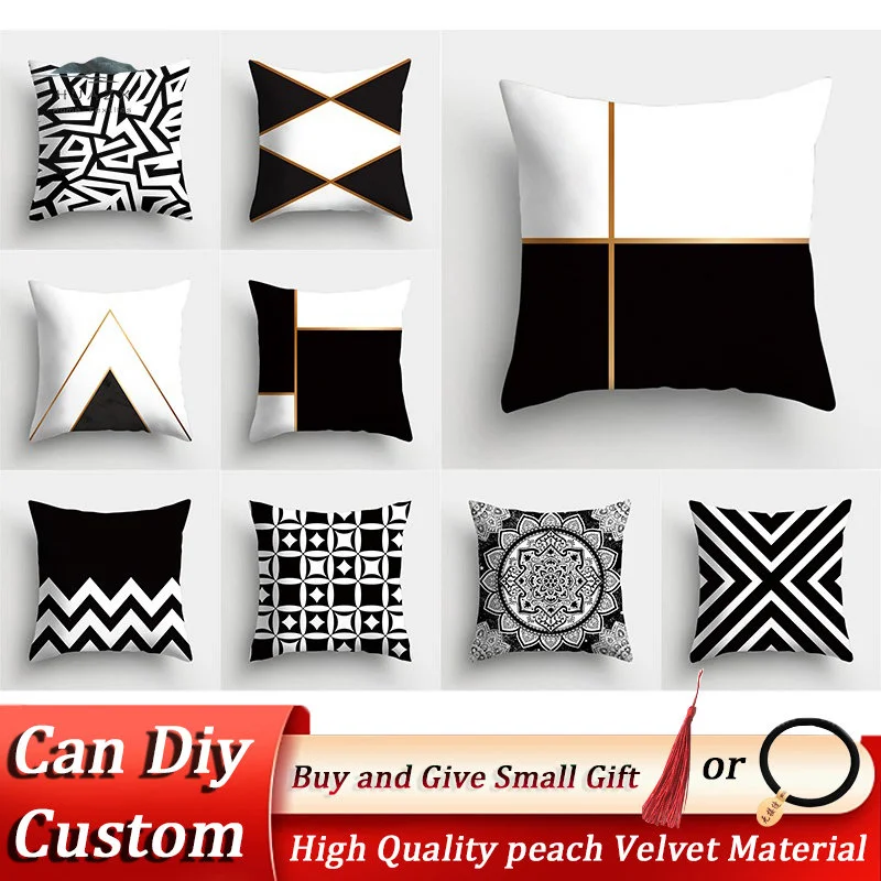 

Geometric Pillow Case Black and White Art Cushion Cover 60x60cm Skin Peach Velvet Material Sofa Living Room Bedroom Pillowcase
