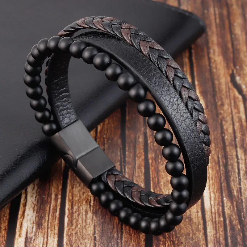 

Fashion Men's Charm Stainless Steel Magnetic Buckle Bracelet Volcanic Stone Beaded Multilayer Leather Bracelet Bangles New Gift