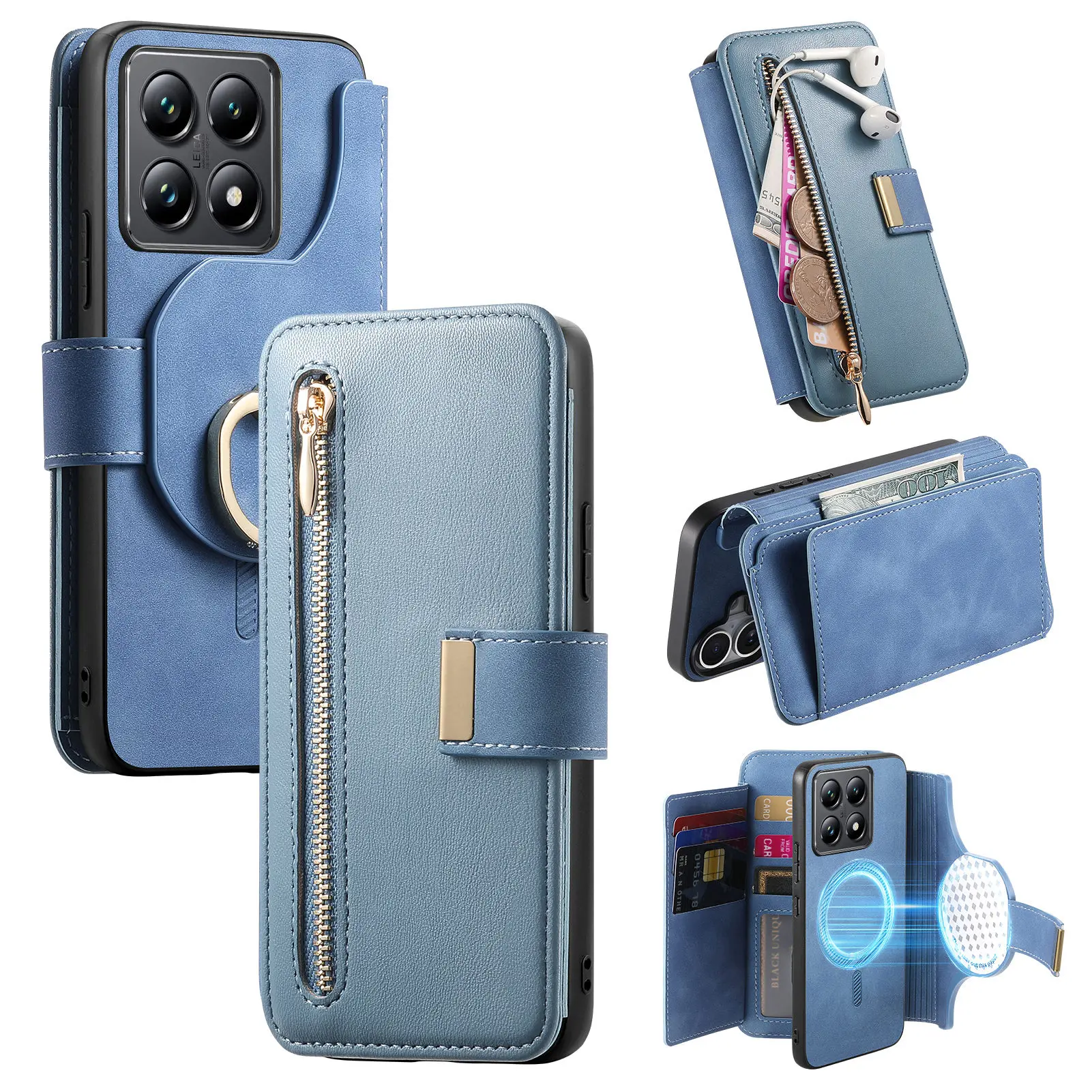2-in-1 Detachable Zipper Wallet Leather Case with Magnetic Removable Cover