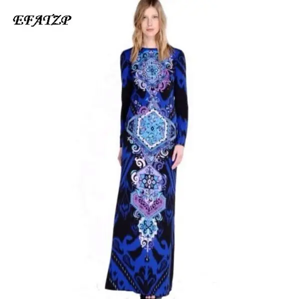 

EFATZP New Fashion Designer Luxury Brands Autumn Women's Long Sleeves Baroque Print Stretch Jersey Silk Maxi Slim Party Dress