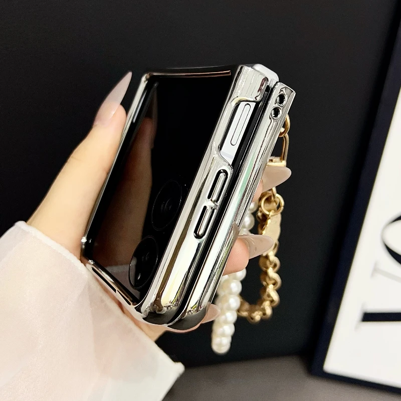 Electroplated Glitter Case with Pearl Bracelet - Solid Color Shockproof Cover