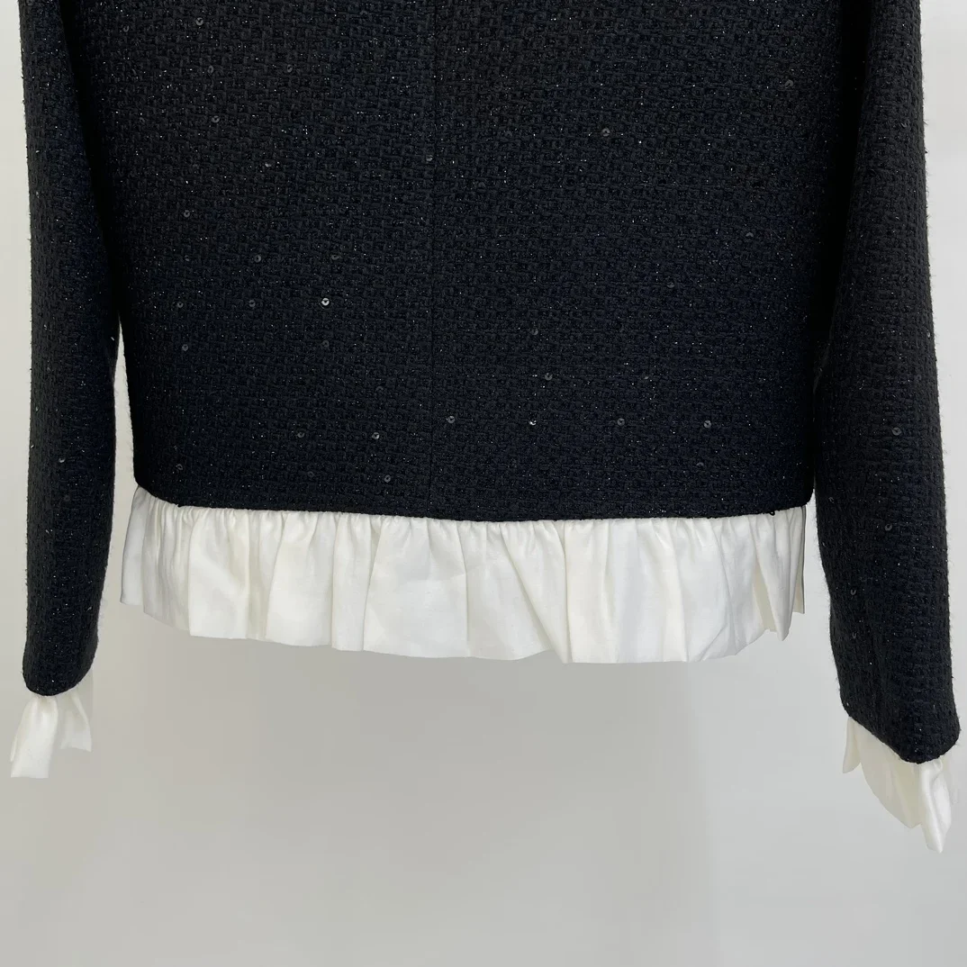 Autumn/Winter New Fashion Trend Contrast Color Ruffle Edge Long Sleeve Sequins Woolen Versatile Short Coat Women