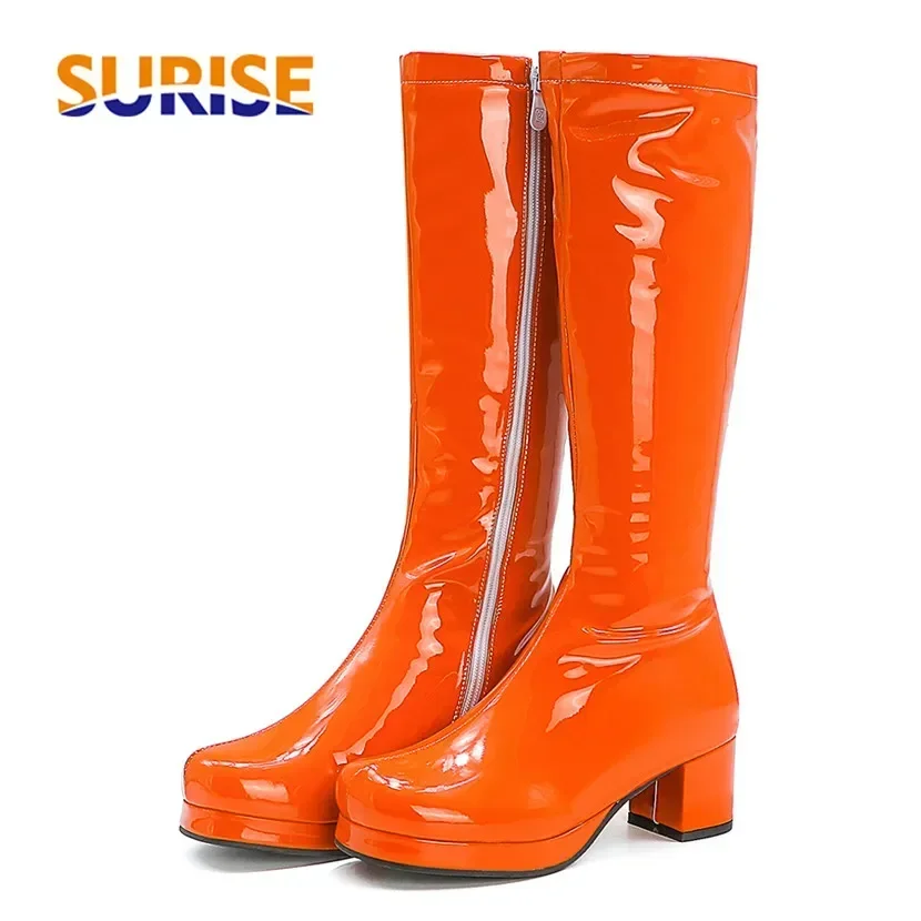 Hot Women Knee High Platform Boots Orange Green Red Patent Leather