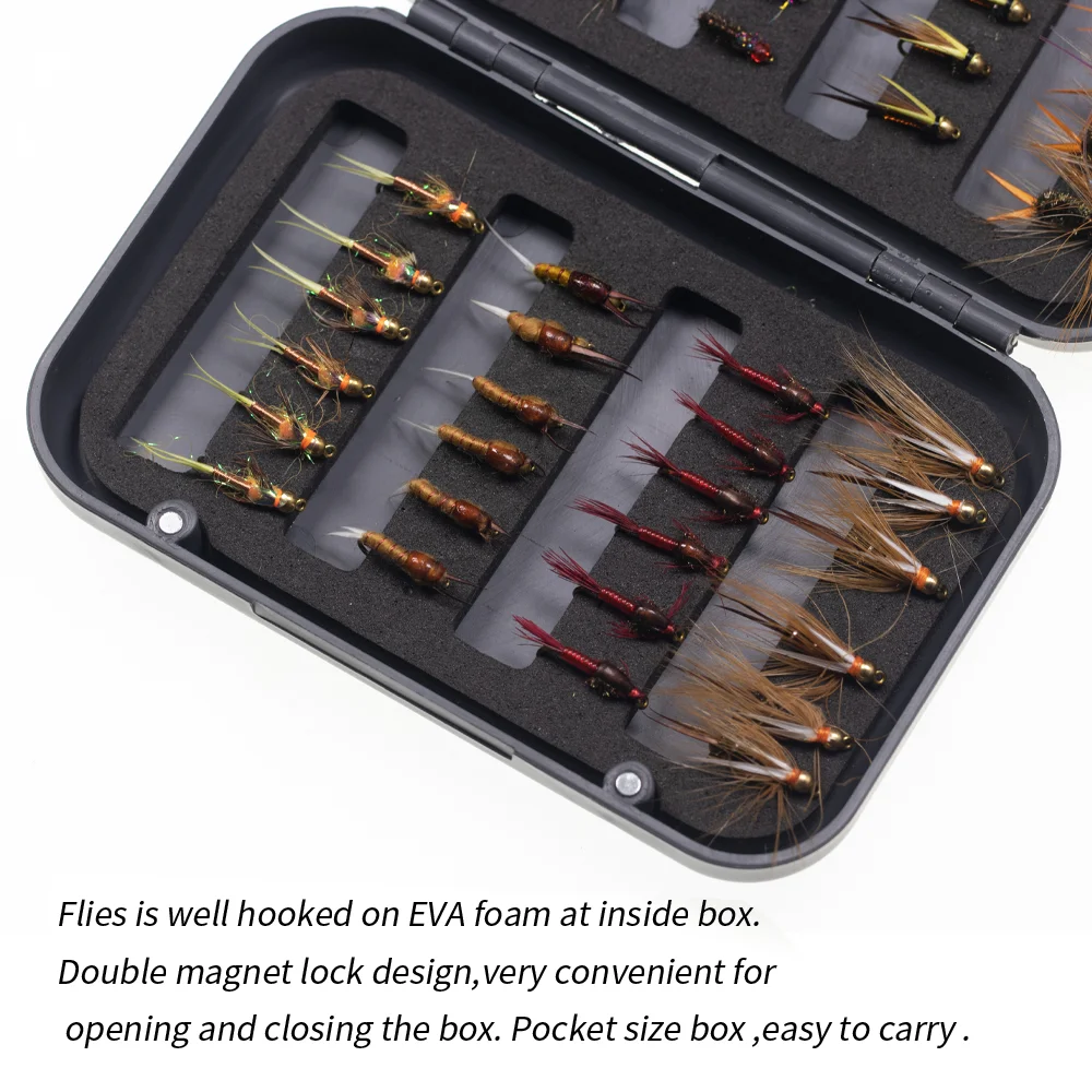 Vampfly 48Pcs Fly Set Box Kraal Hoofd Koperen John Nimf Caddis Kan Fly Nimfen Droge Vliegen Met Fly Doos voor Forel Vissen Lokken Aas