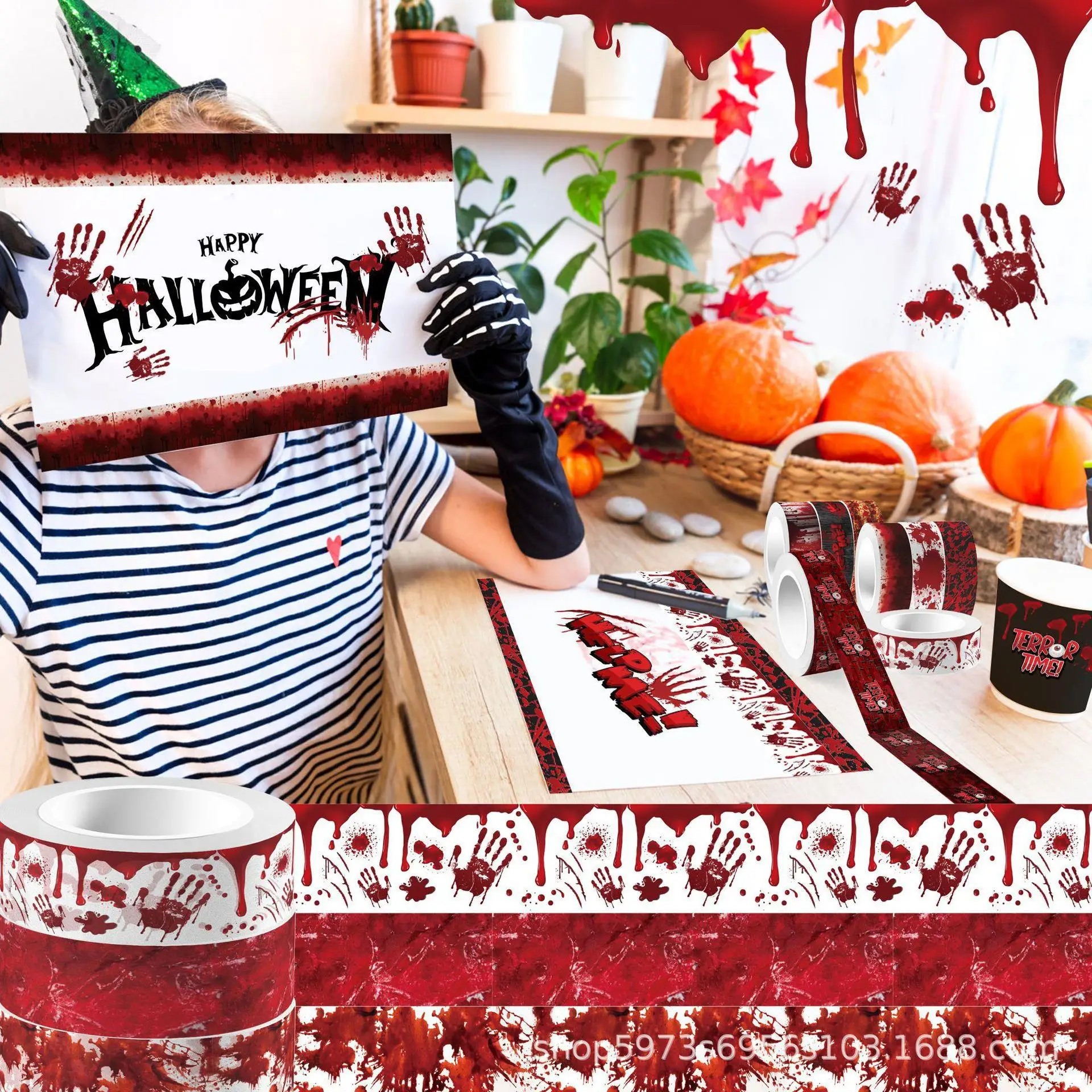 Halloween Bloody Hand Bleeding Clear Roll Sticker Paper Tape DIY Handbook Material Washi Tape Decoration Tape Decorative Tape Decoration Stickers Adhesive Tapes Adhesive Tape
