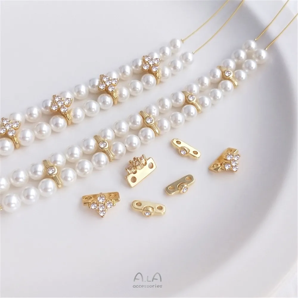 14K pack real gold inlaid zirconium double row hand string pearl septa double hole septa accessories DIY material 14k gold inlaid zirconium fashion leaf flower shaped pendant stud 925 silver pin diy pearl ear accessories