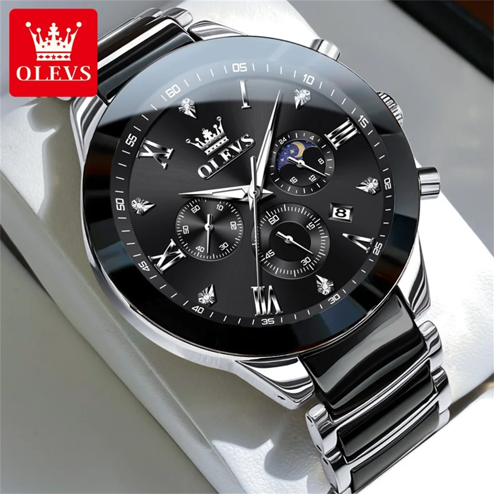 OLEVS Brand Fashion Chronograph Quartz Watch for Men Waterproof Luminous Calendar Luxury Ceramics Watches Mens Relogio Masculino