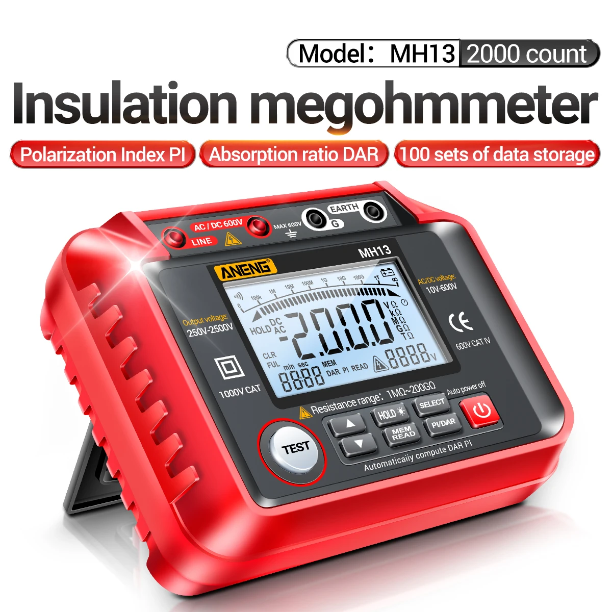 

B50 MH13 Ohm Tester Digital Multimeter Megometro Insulation Earth High Voltage Megger Resistance Meter Tester Megohmmeter Tool
