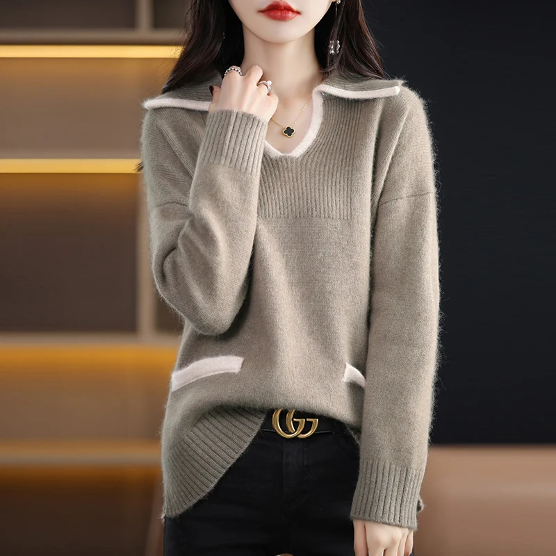 

Autumn/Winter Cashmere sweater Women's lapel mink velvet color matching loose and versatile wool knitted sweater