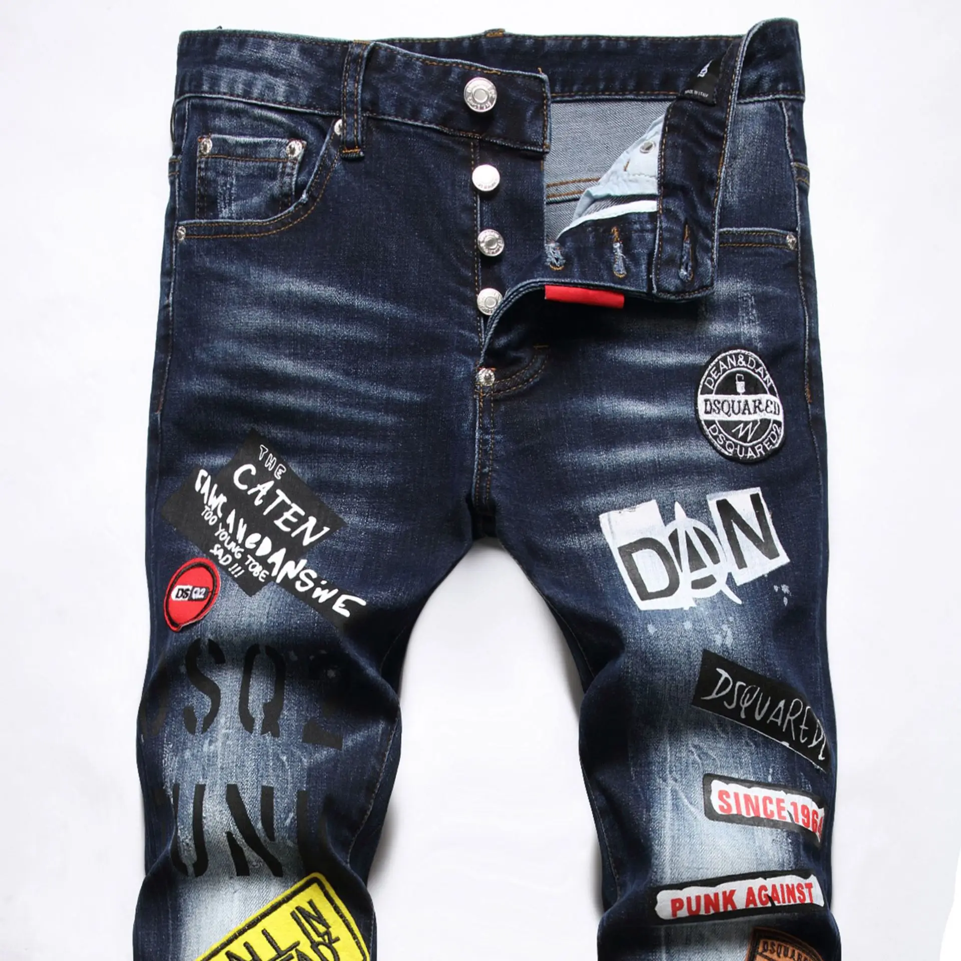 2024 Autumn New Trendy Brand Printed Fashion Men's Jeans Trendy Slim Fit Small Feet Mid Waist Pants for Men