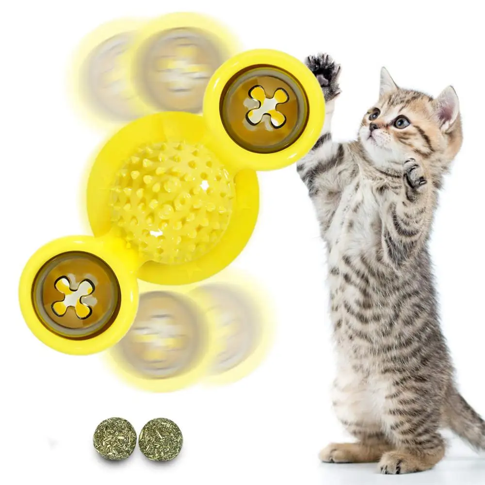 Interactive Cat Toy Windmill Portable Scratch Hair Brush Grooming Shedding Massage Suction Cup Catnip Cats Puzzle Training Toy herding ball for dogs Toys