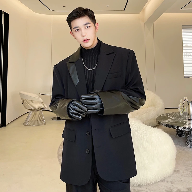 Men Fashion Show Korean Leather Splice Oversize Loose Casual