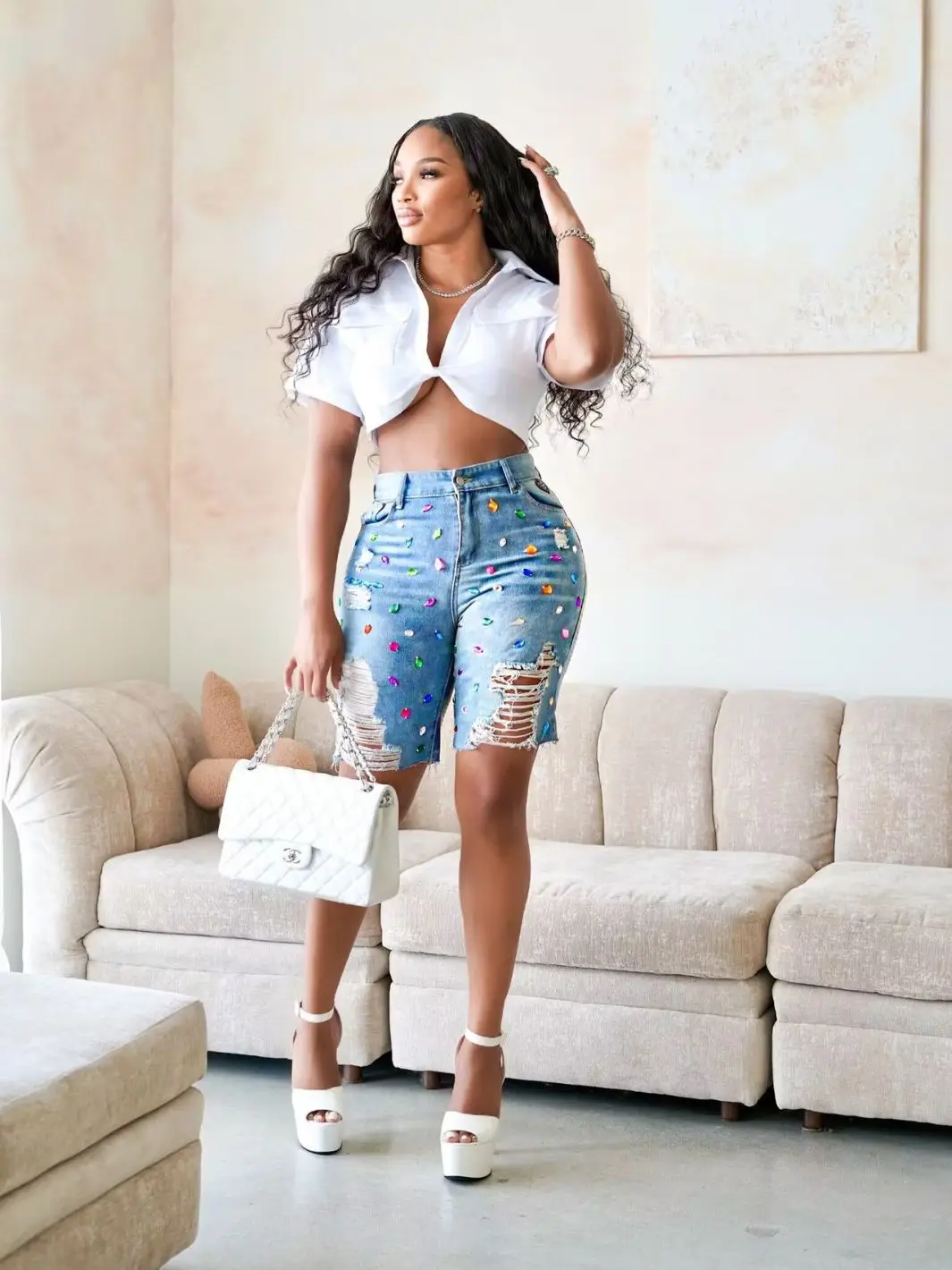 

Casual Women Jenas Pants Diamond Slim Bodycon Streetwear High Waist Clothes For Women Denims Streetwear Clothes Outfit