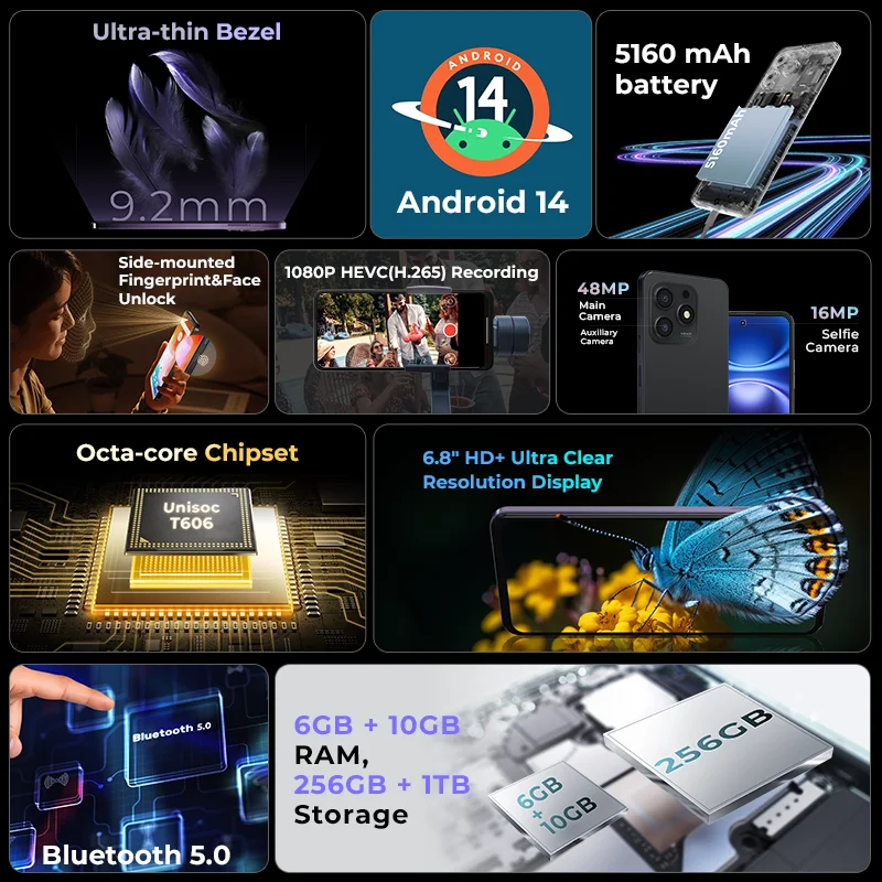 HOTWAV Note 13 Max Mobile Phone 6.8'' HD+ Display Android 14 16(6+10)GB 256GB Cellphone 48MP 5160mAh 9.2mm Ultra-Thin Smartphone 2