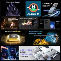 HOTWAV Note 13 Max Mobile Phone 6.8'' HD+ Display Android 14 16(6+10)GB 256GB Cellphone 48MP 5160mAh 9.2mm Ultra-Thin Smartphone 2