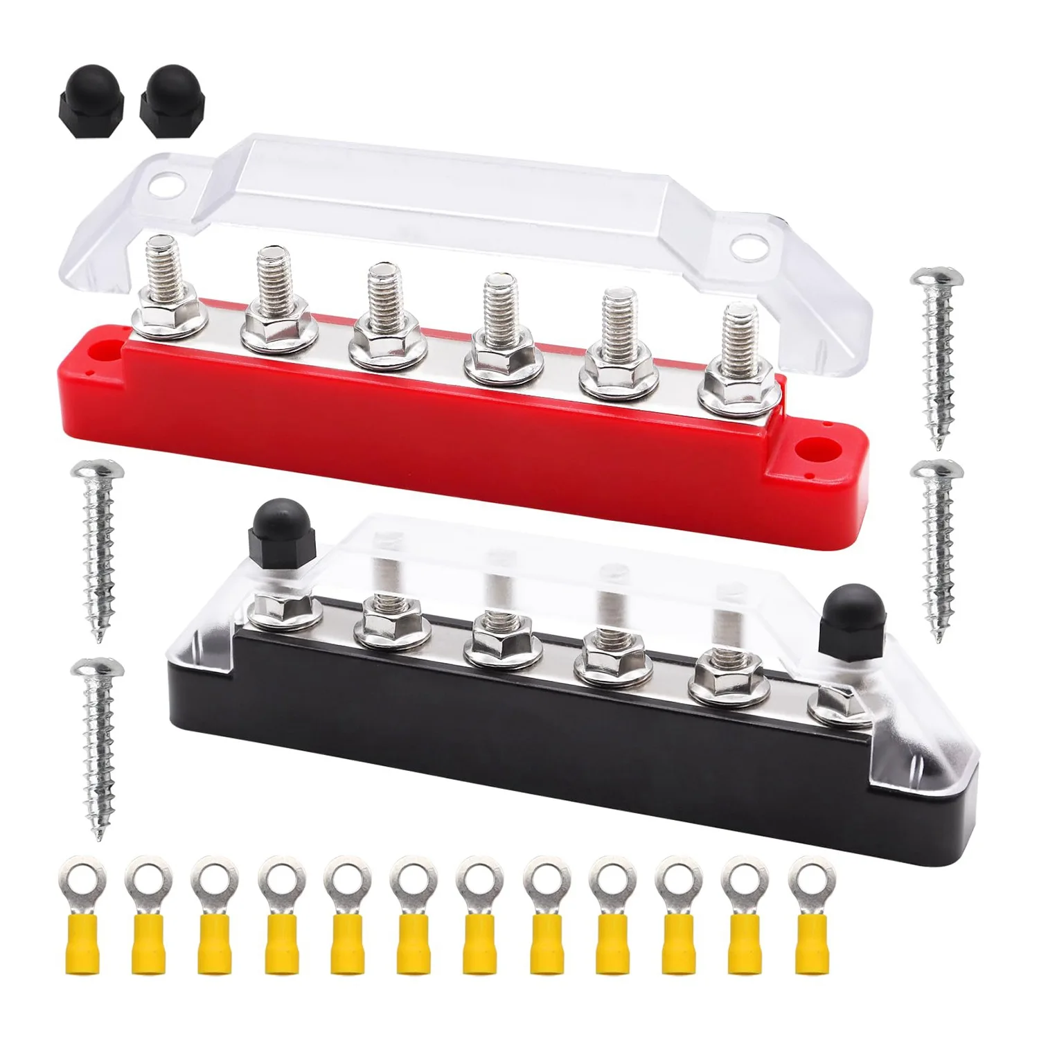 

Battery Bus Bar 6 X 1/4Inch (M6) Terminal Studs 12V Power Distribution Block with Cover and Ring Terminals, Max 300V AC