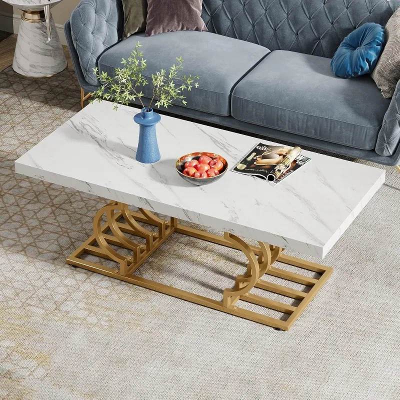 Modern coffee table, 47-inch imitation marble geometric frame cocktail table, rectangular table end table furniture 6