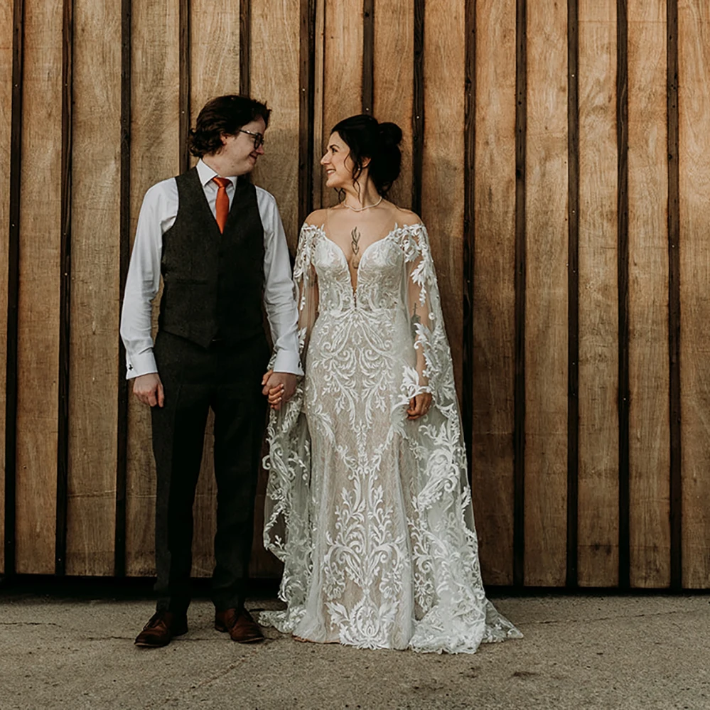 Long Batwing Sleeves Embroidered Lace Wedding Dress Deep V Neck Off  Shoulder Tulle Customized Mermaid Cutout Luxury Bridal Gown - AliExpress 320