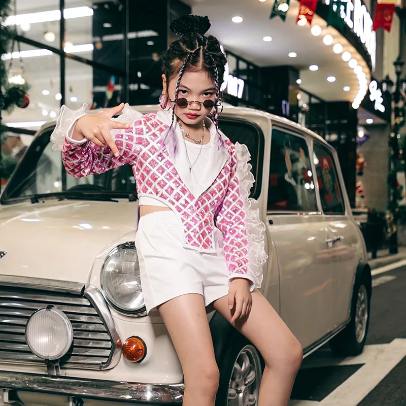 

Kid Girls K-pop Clothes Jazz Street Dance Fashion Streetwear Performance Costume Set Children's Model Runway Cool Hip-hop Outfit