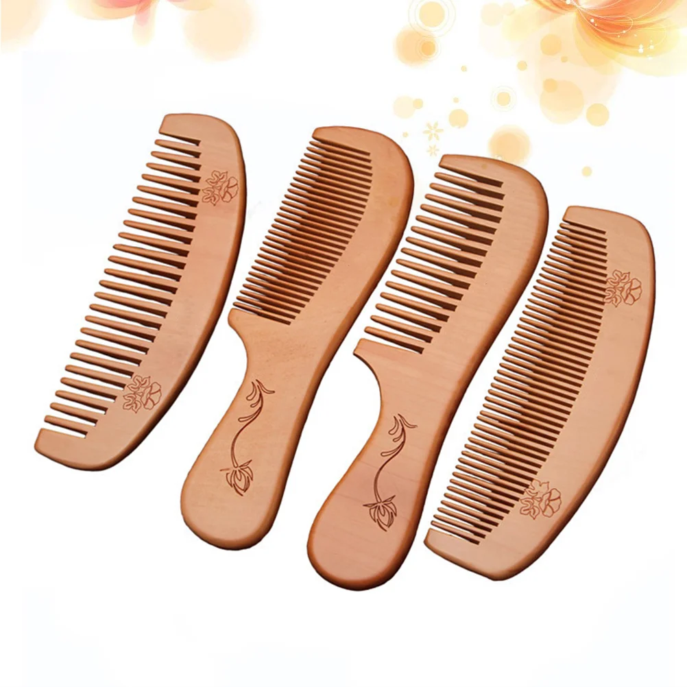 

4pcs Peach Wooden Combs Carved Pocket Wood Comb Anti-static Massage Combs (Handle Fine Serration + Handle Wide Serration + Moon