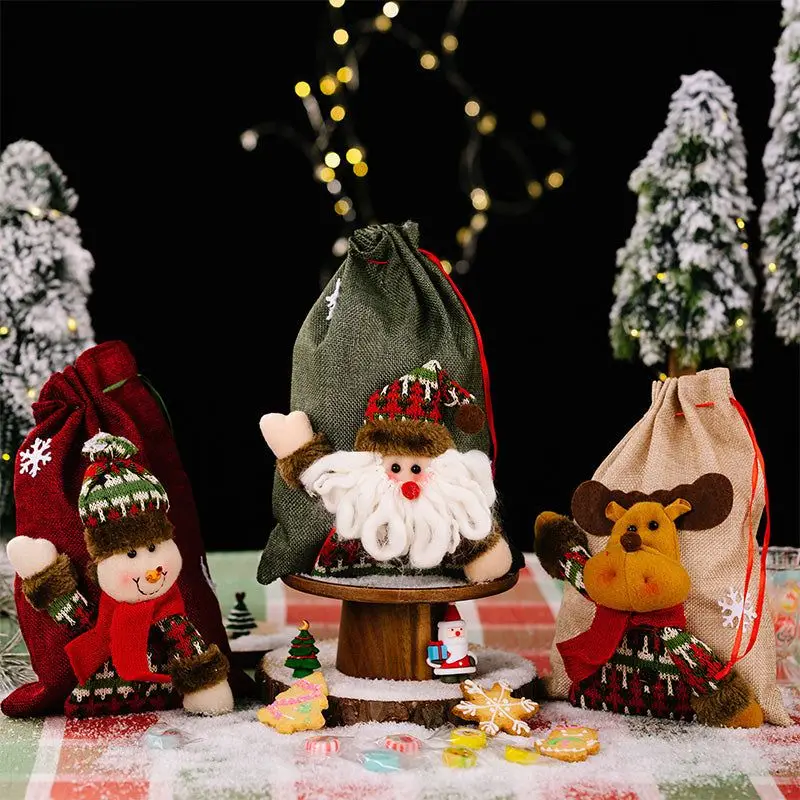 

1-5PCS Christmas Linen Bags Santa Claus Elk Drawstring Natural Burlap Bag Jewelry Gift Bags Organizer Christmas Packaging Pouche