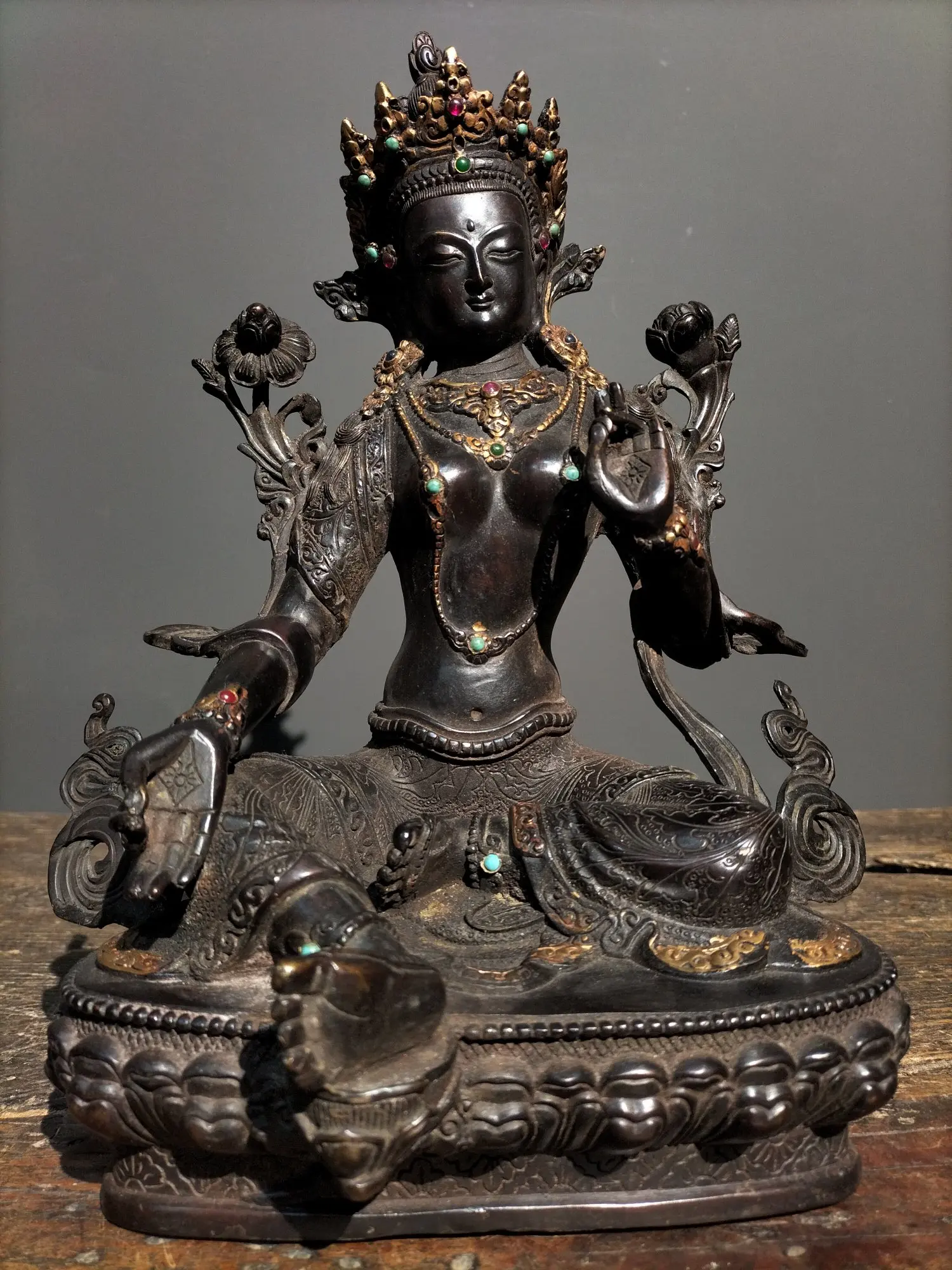 

12"Tibetan Temple Collection Old Bronze Gilt mosaic Gem Green Tara Sitting Buddha Worship Hall Town House Exorcism
