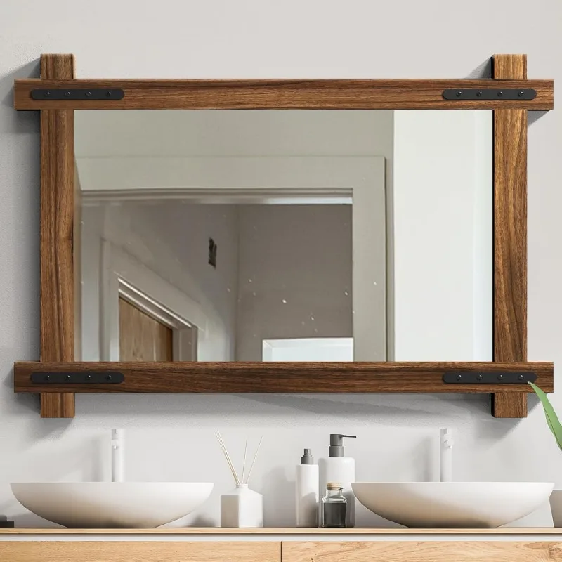 Rustic Wooden Framed Wall Mirror,Natural Wood Bathroom Vanity Mirror for Farmhouse Decor,Vertical or Horizontal Hanging,30" x20"