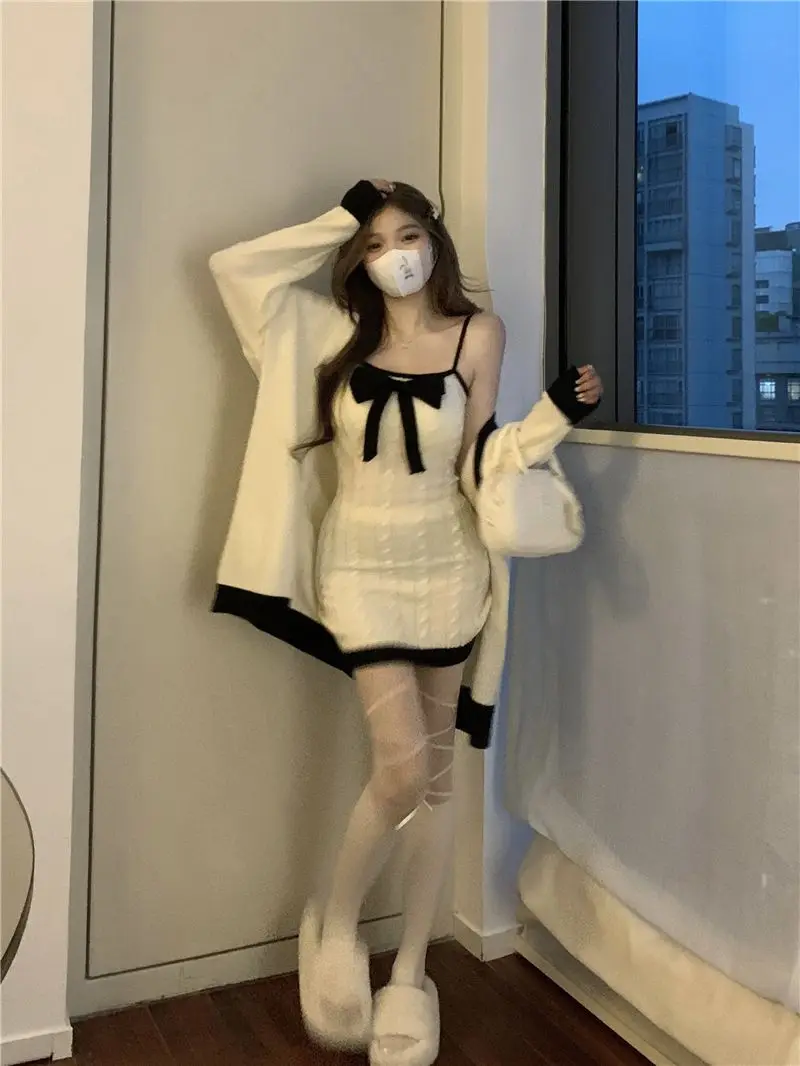 Elegant Knitted Two-Piece Set Women Bow Designer Sweet Party Dress Set Female Korean Style Sweater Mini Dress Suit Winter