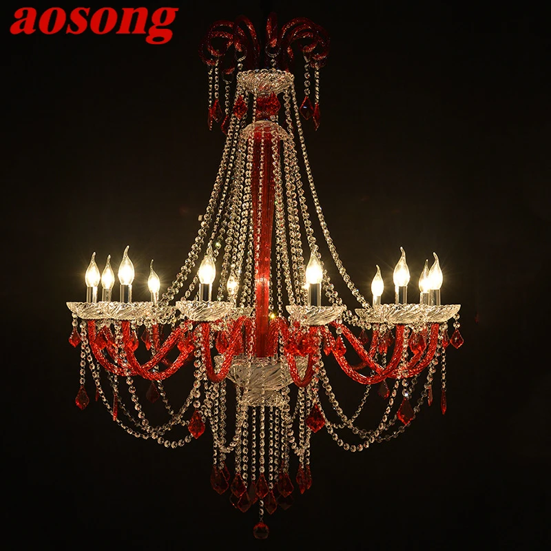 

AOSONG European Style Crystal Pendent Lamp Red Candle Lamp Living Room Restaurant Villa Staircase Duplex Building Chandelier