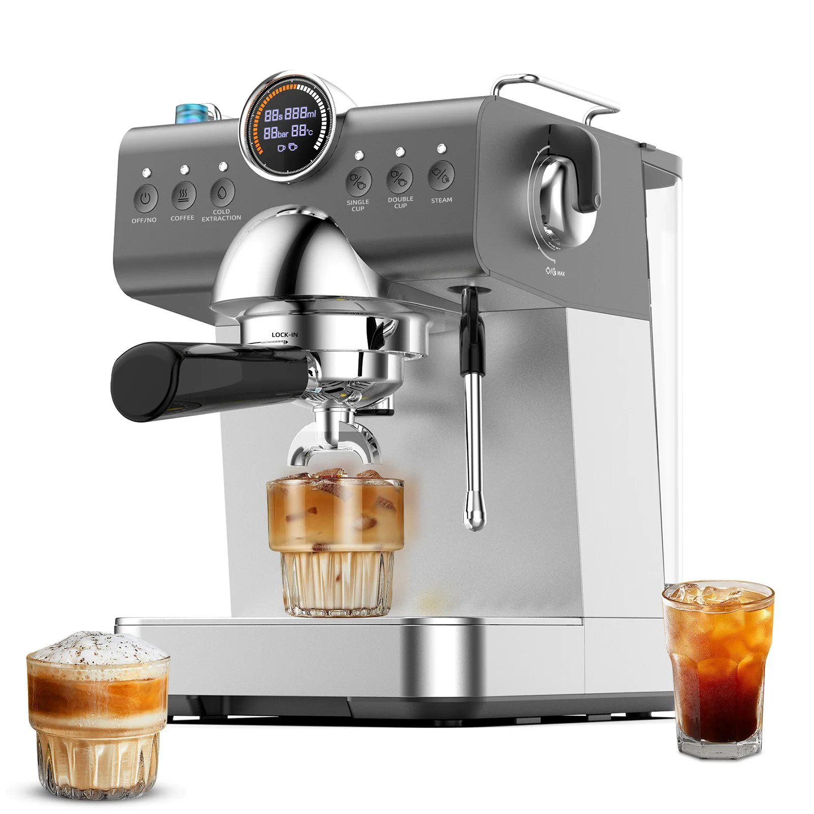 Mcilpoog Espresso Machine ，Compact Coffee Maker with Steam Milk Frother&Iced Coffee with LCD Display，Gift for Coffee Lover