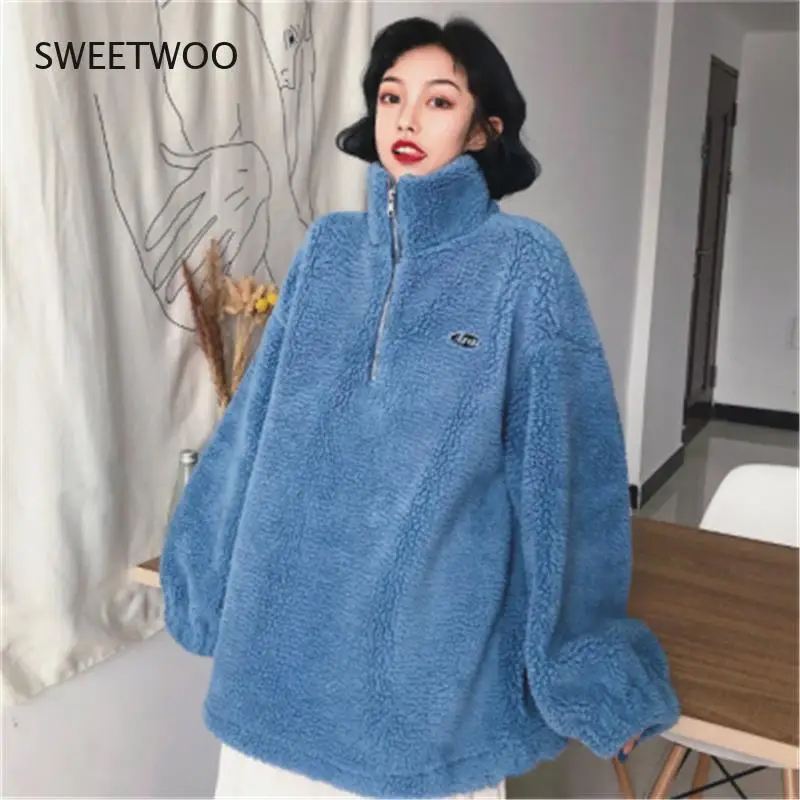 

Womens Hoodie 2022 Winter Loose Turtleneck Zipper Sweatshirts Winter Autumn Streetwear Thick Lamb Wool Coat Oversized Pullovers