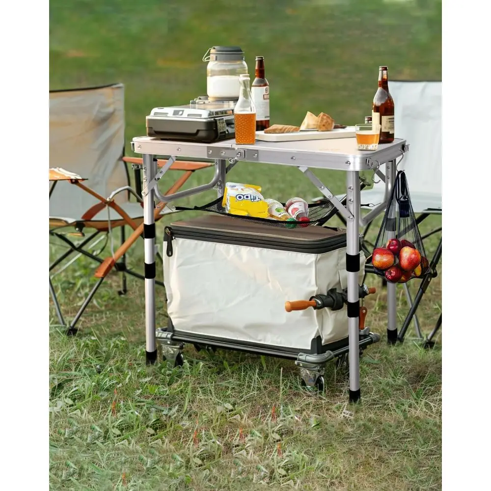Portable Folding Camping Table with Adjustable Height, Mesh Layer, Compact for Outdoors, Picnic, BBQ