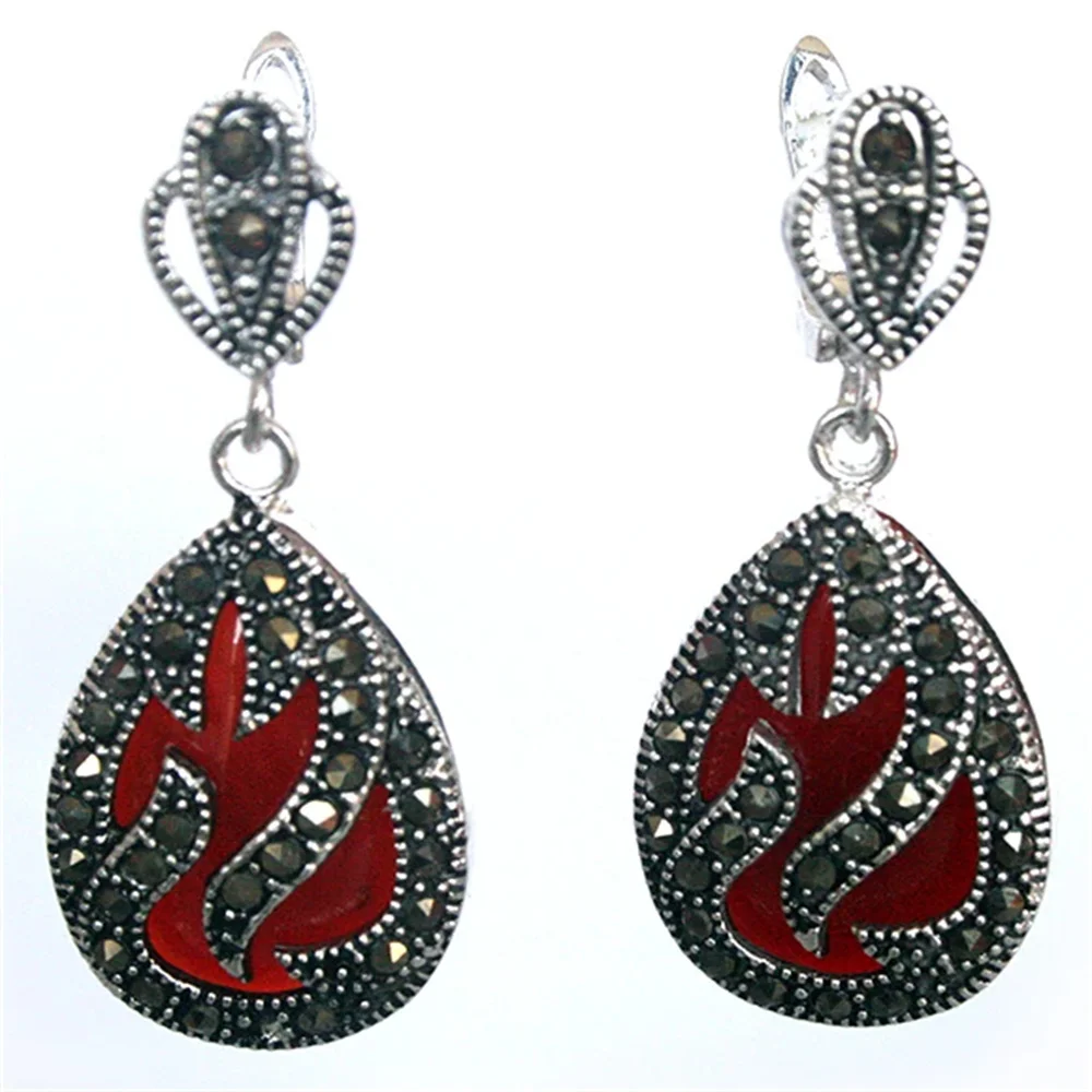 11/2 "Vritable 925 Argent Et Marcassite Incrustation Corail Rouge Waterdrop Boucles D'Oreilles