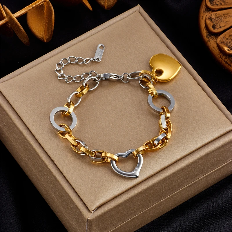 MEYRROYU 316 Stainless Steel Green Stone Heart Multilayer Charm Beads Bracelet for Women Party