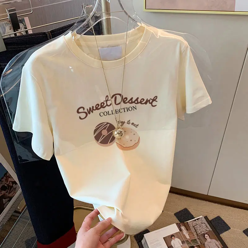 

2024 New 100% Cotton Short Sleeved T-shirt for Women Instagram Casual Fashion Versatile Western Style Age Reducing Top Summer