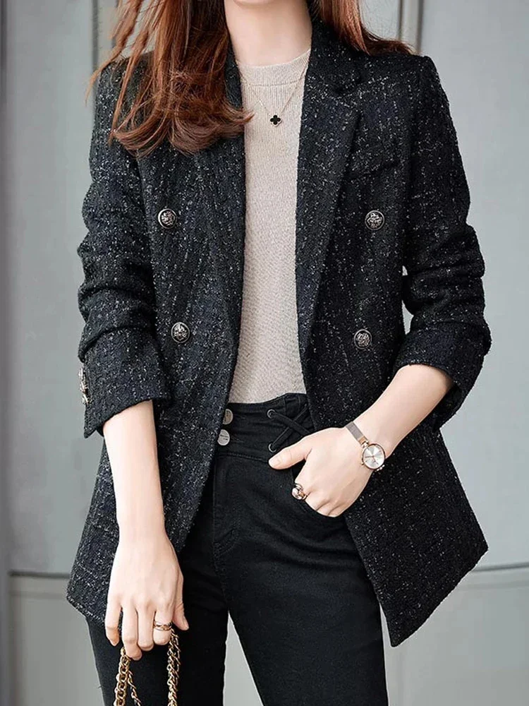 Women\'s Elegant Double-Breasted Tweed Blazers Thick Warm and Overcoat with Button Casual Long Sleeved for Winter Jacket