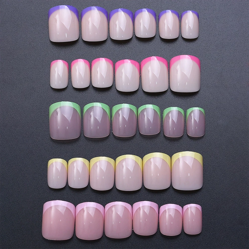 240pcs 손톱에 짧은 사각형 프레스 12 크기 혼합 색상 밝은 파스텔 클래식 프랑스어 팁 거짓 손톱 사전 모양의 소프트 젤 네일